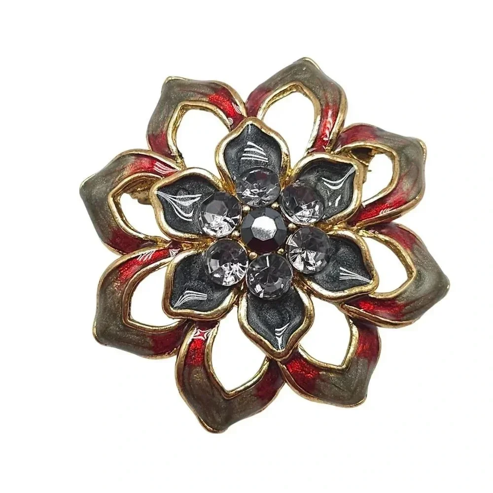 Black Red Enamel Rhinestone Floral Openwork Brooch Pin Gold Tone Vintage